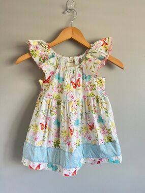 Matilda Jane White Dress with Blue Hem and Multicolor Butterfly Print